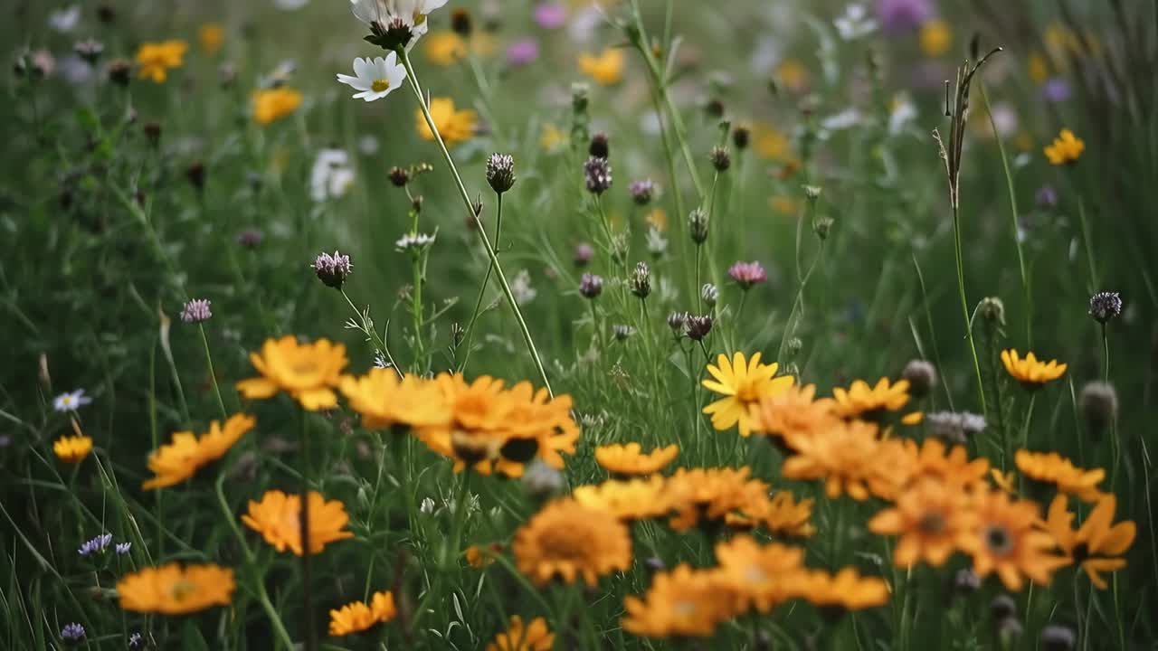 Moving camera closing on centered wildflower meadow, revealing yellow daisies and white blooms