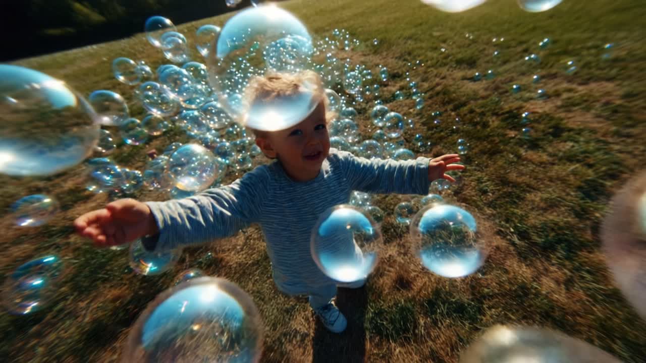 A Joyful Child Engaging with Floating Bubbles in a Sunlit Meadow, Capturing the Innocence and Wonder of Childhood in a Playful Outdoor Setting, Filled with Laughter and Delight