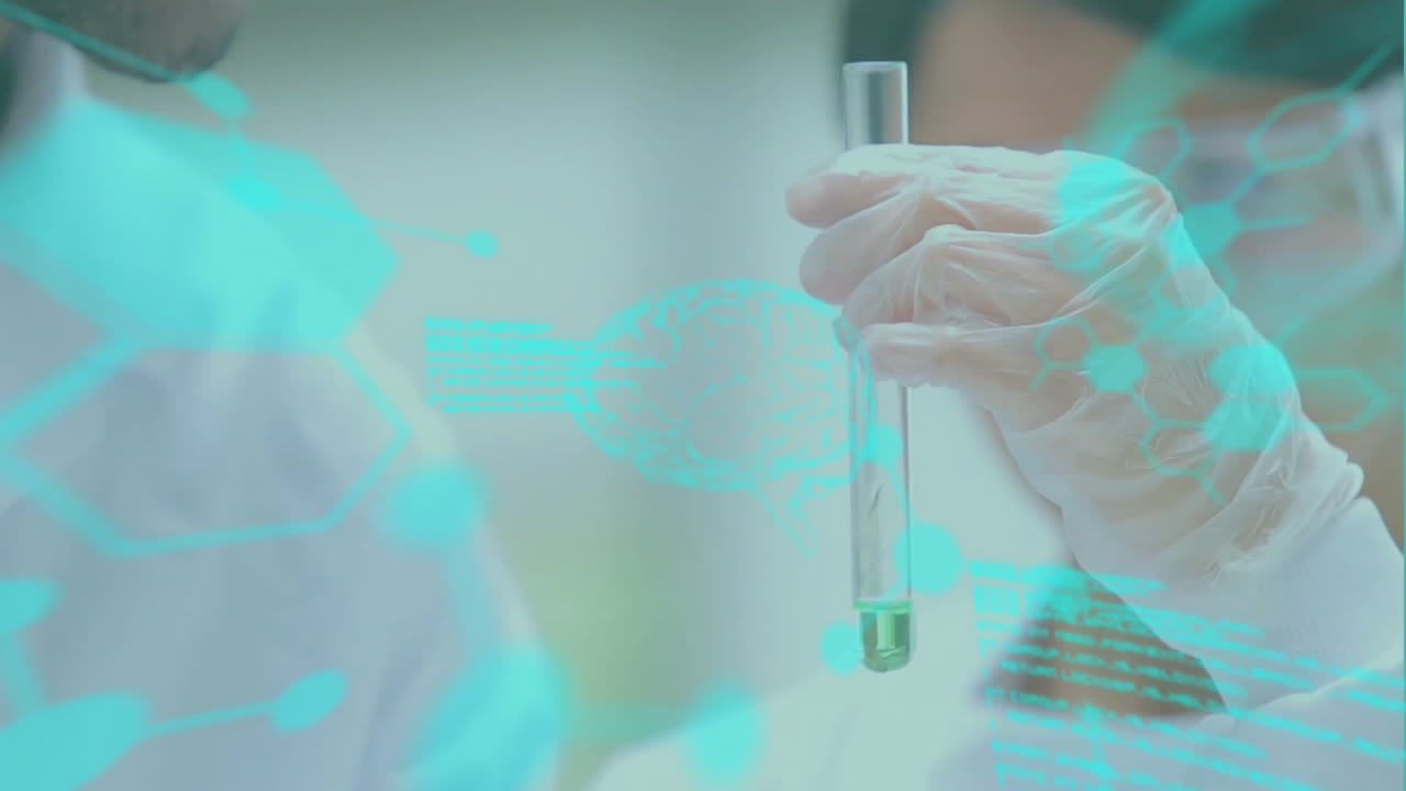 Animation of data processing with brains and molecules over diverse scientists working in lab
