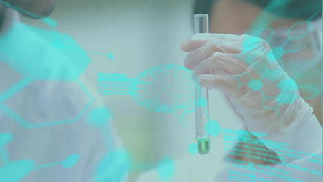 Animation of data processing with brains and molecules over diverse scientists working in lab