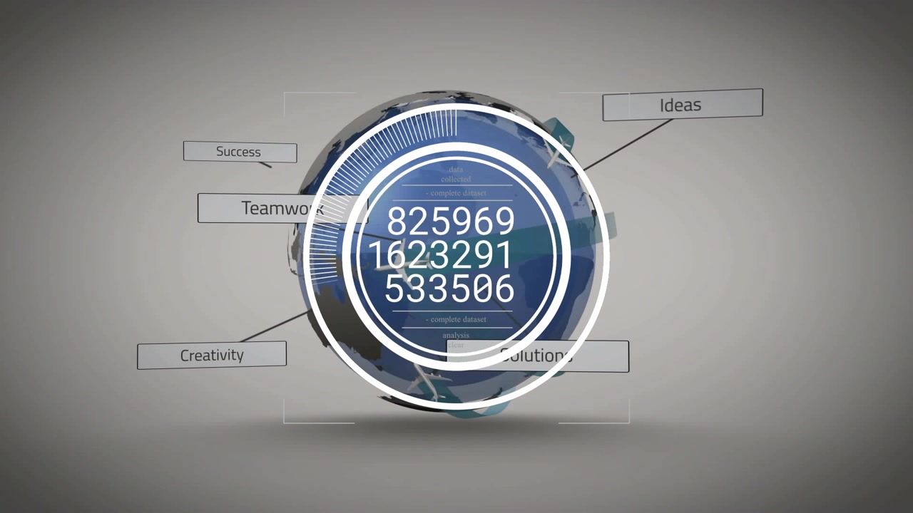 Globe appearing starting ring spinning cycling numbers and labels collapsing into X showing success