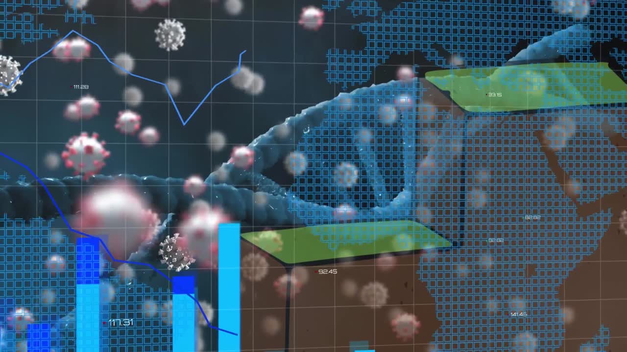하락하는 코비드-19 세포에 대한 데이터 처리의 애니메이션.