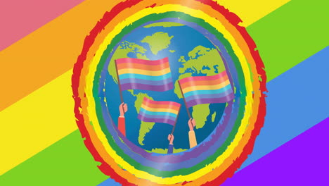 animation of globe with rainbow flags over rainbow background