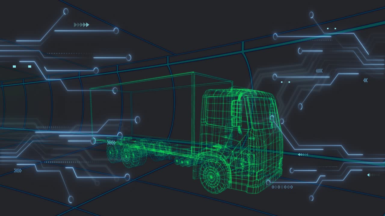 Faint neon blue lines powering on and scanning green wireframe cargo truck, displaying diagnostics