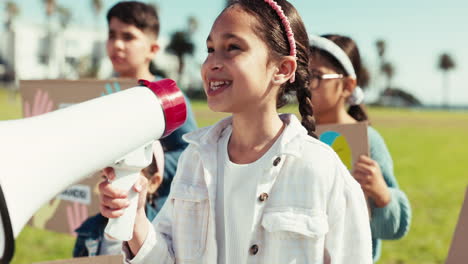 Kids,-megaphone-and-protest-outdoor-for-speech