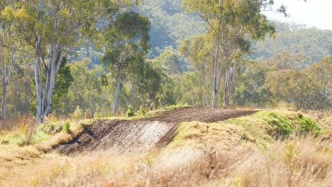 a dirt bike rider approaches a dirt jump on an outdoor motocross track surrounded by dry grass and eucalyptus trees under natural daylight with a distant, static camera view