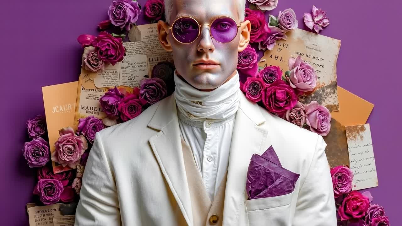 A man in a white suit and purple sunglasses surrounded by flowers