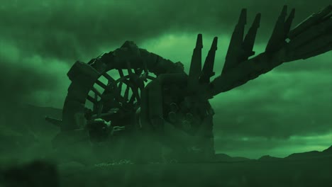 cinematic shot of a stormy ancient alien crash site, with a smooth dolly shot of a vast hulk of a derelict space ship with wreckage, through an electrical silicate storm - green color scheme