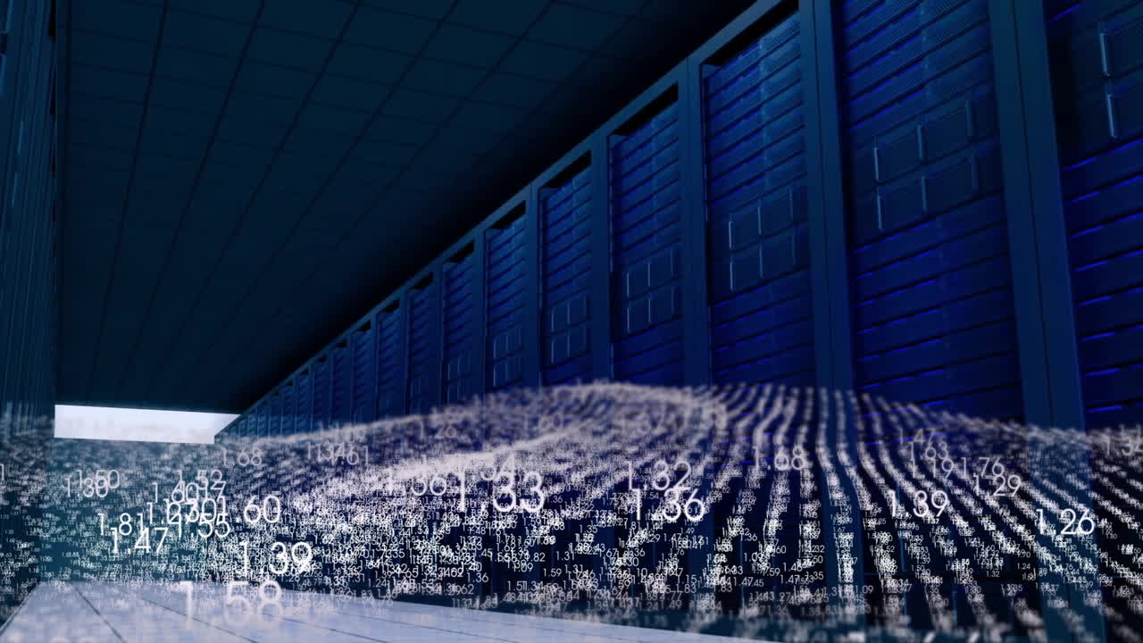 Rows of servers with floating numerical data animation in data center