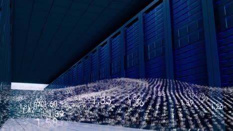 rows of servers with floating numerical data animation in data center