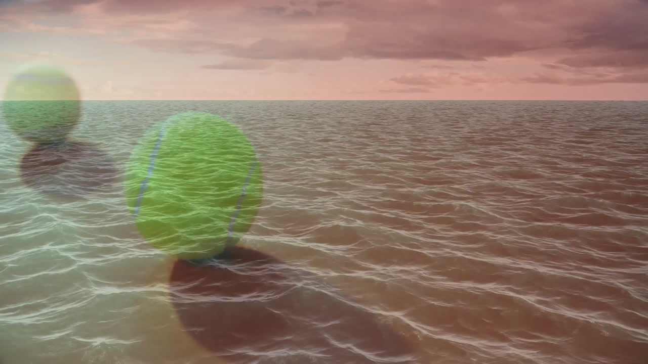 Neon green tennis balls floating above pastel water reflecting sunset hues in animated illustration