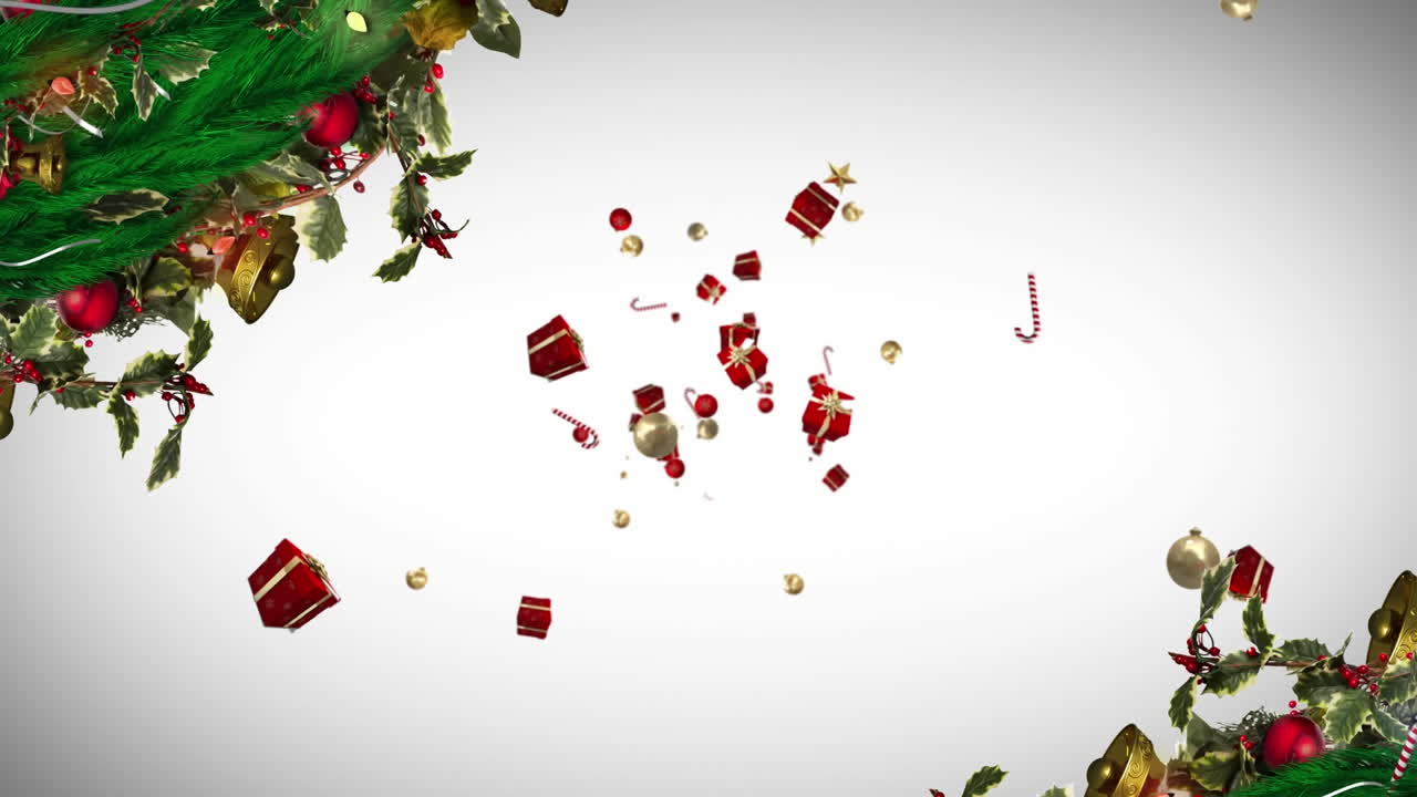 animación de regalos que caen sobre las ramas de los abetos sobre un fondo blanco