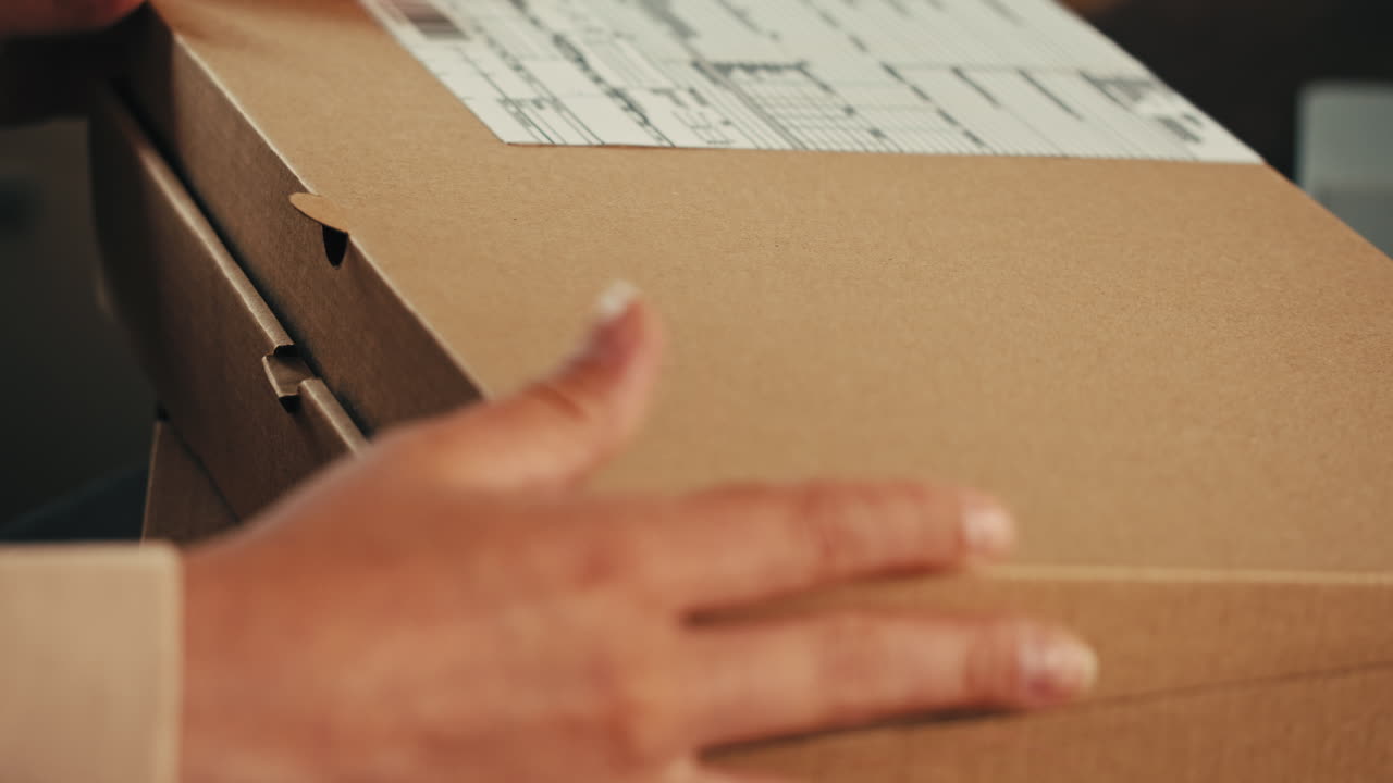 E-commerce storage shop, woman packing goods and clothes for second hand delivery market, dedicated Packaging and Shipping Workspace with Supplies and Technology for efficiency, online sales.