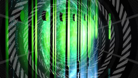 animation of glowing sphere with vertical lines and circular patterns in background