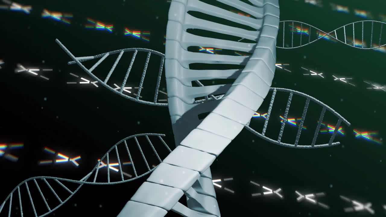 Processing scientific data, DNA strand and binary coding in animation sequence