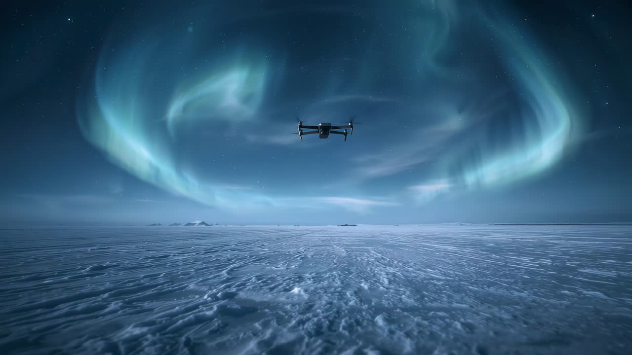 Svävande quadcopter-drönare tar emot fjärrkommando, rör sig framåt över polar slätt och filmar norrsken