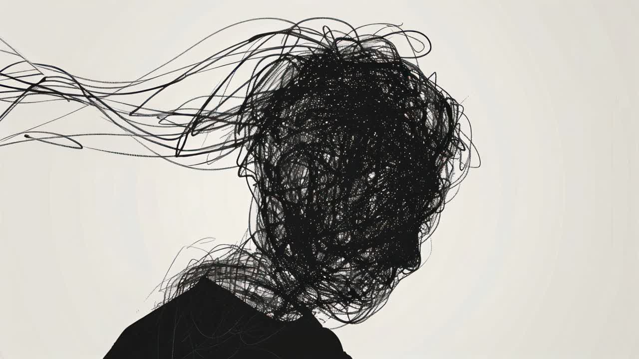 Abstract video concept of a silhouette with chaotic lines as hair, captured from a side angle
