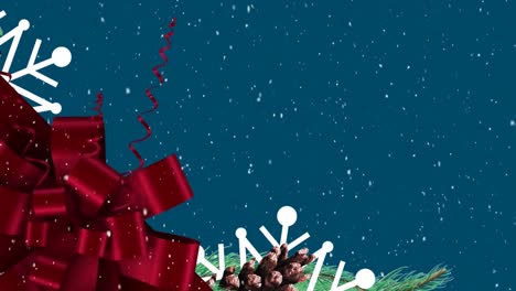 Animation-of-snow-falling-and-christmas-tree-on-blue-background