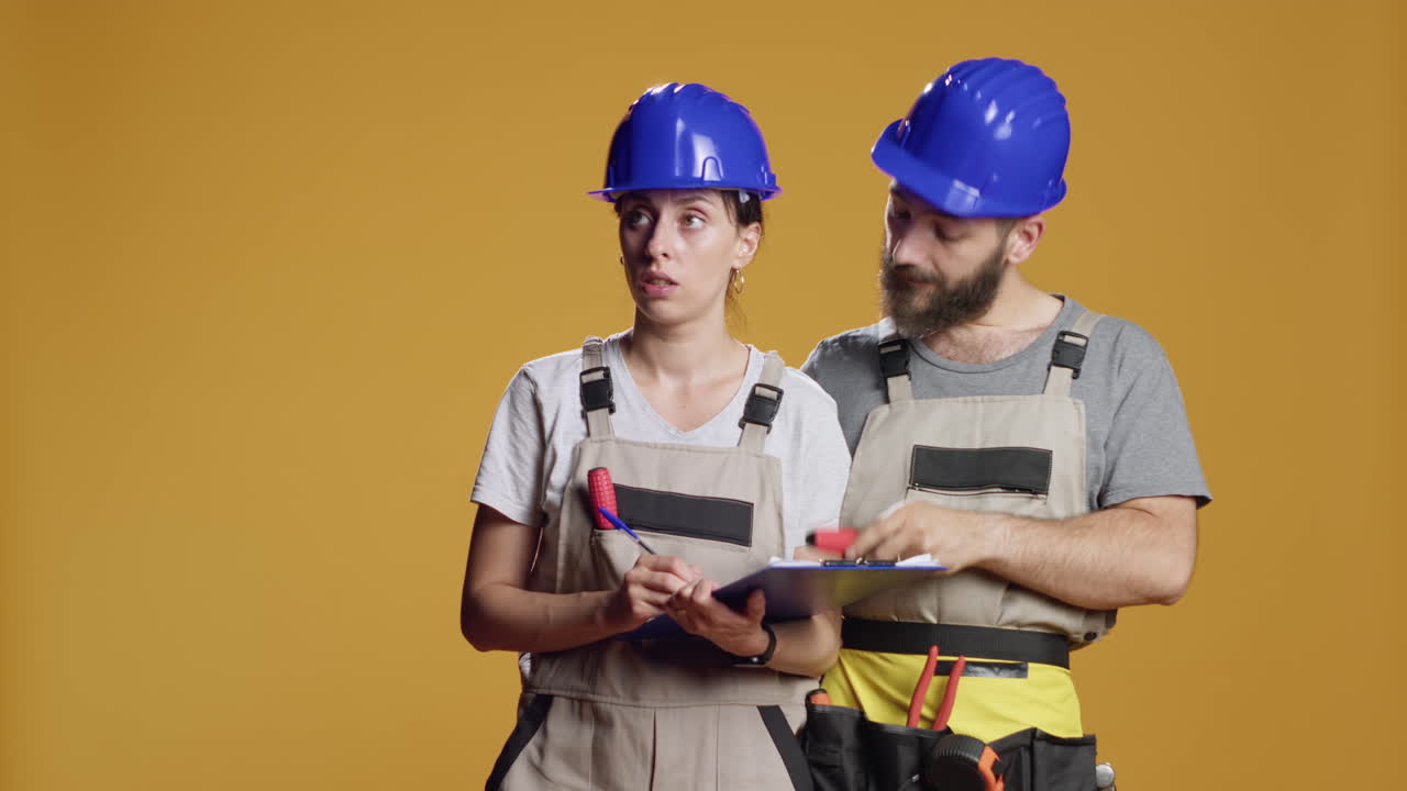 Construction workers calculating measurement on papers