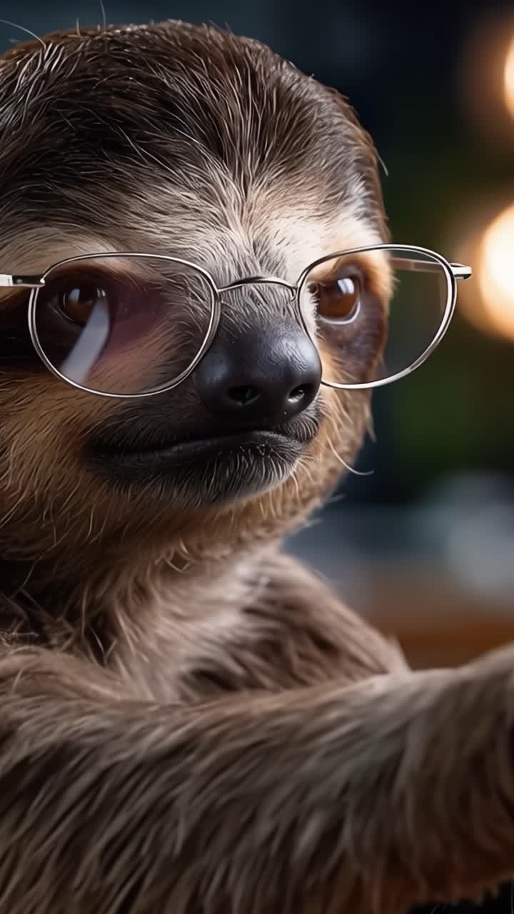 A Wise Sloth Wearing Glasses: A Close-Up Look at a Thoughtful Sloth's Expression and Charm in Two Captivating Frames from a Playful Video