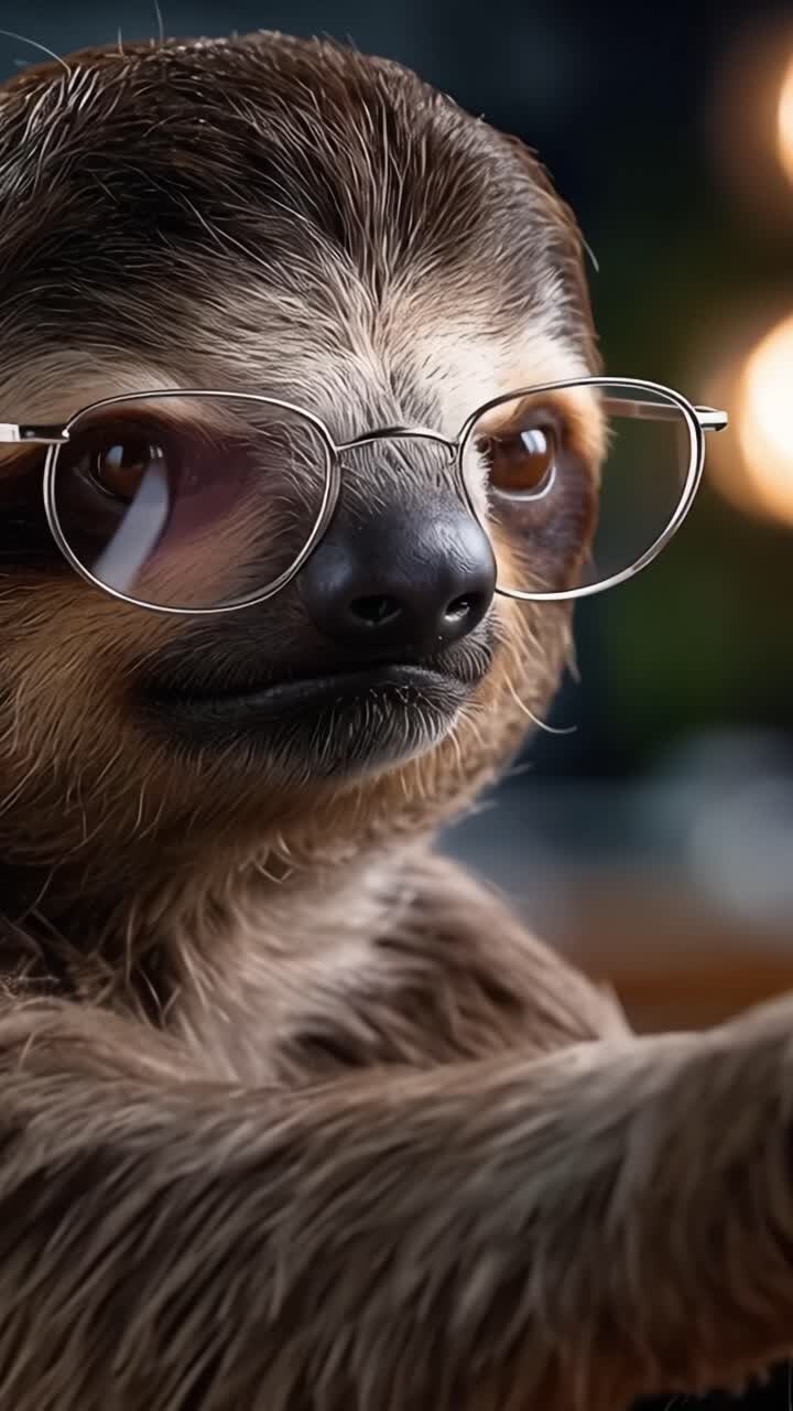 A Wise Sloth Wearing Glasses: A Close-Up Look at a Thoughtful Sloth's Expression and Charm in Two Captivating Frames from a Playful Video