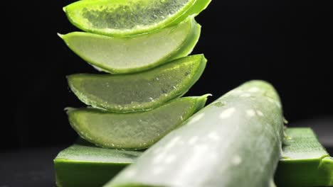 aloe vera fresco cortado en rodajas sobre fondo negro, concepto de hierba verde para la presentación de productos cosméticos y para el cuidado de la piel, movimiento suave y redondo