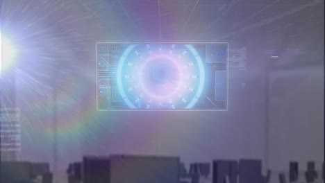 animation of interface with data processing and rainbow lens flare against aerial view of cityscape