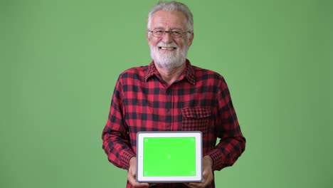 handsome senior bearded man against green background