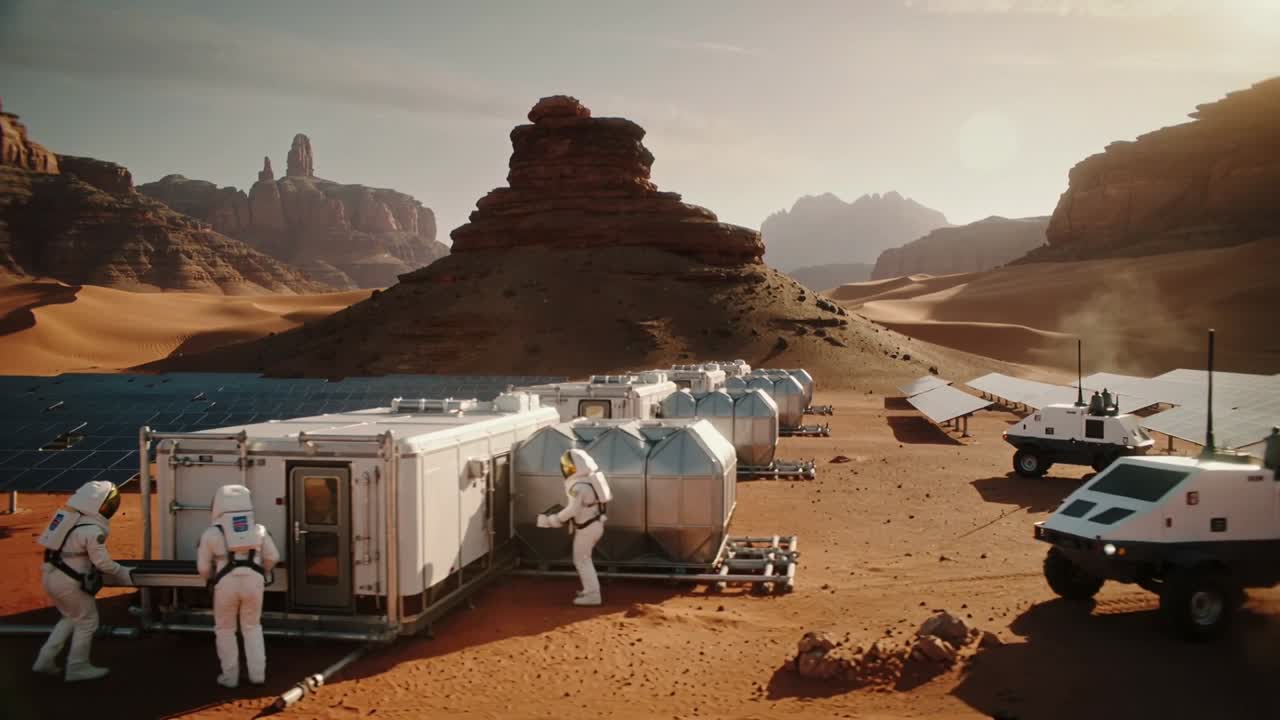 Arriving rover urging crew in white suits placing ramp at habitat, linking tanks, panels for entry
