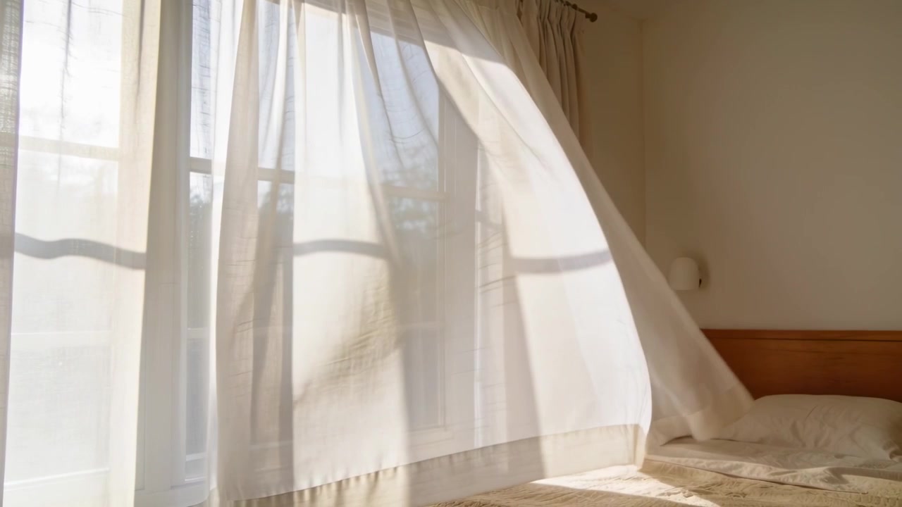 Billowing sheer curtain lifting across bed as light gust enters open window, casting pane shadows