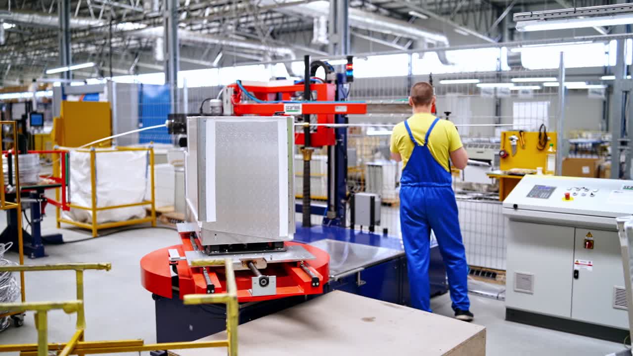 Worker at processing on factory. Male industrial worker working inside the factory