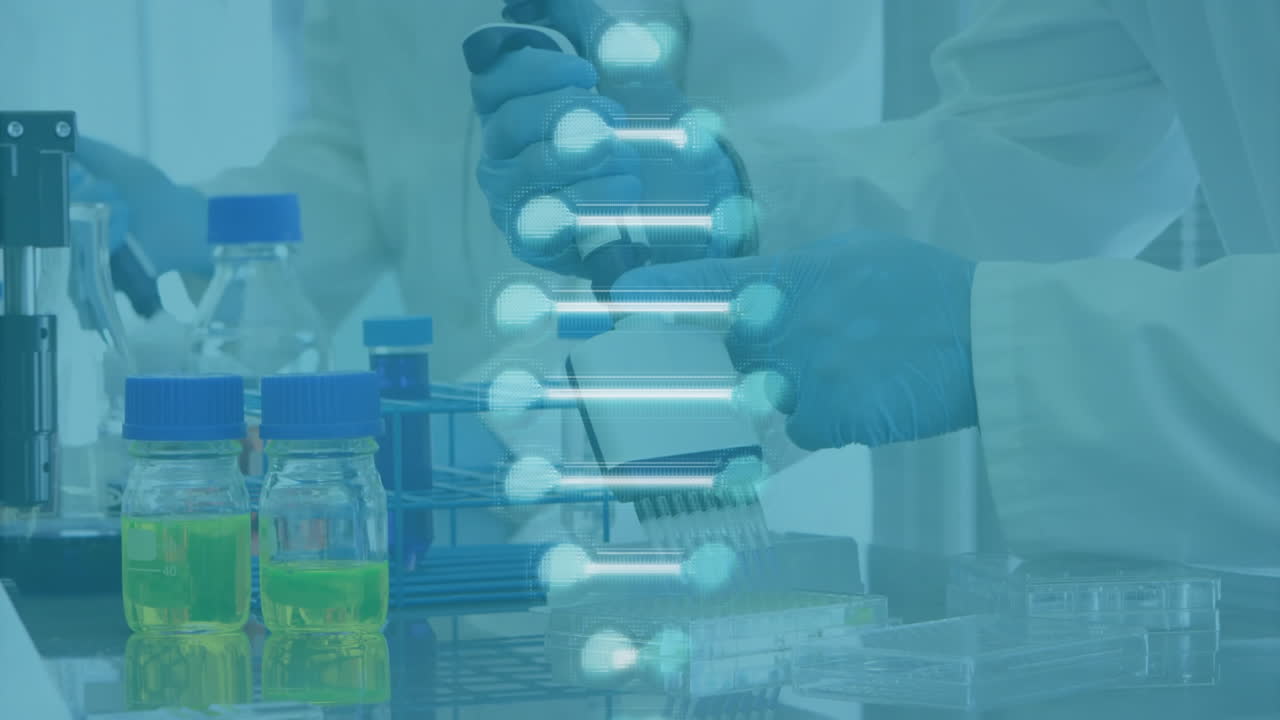 Animation of dna strand over diverse female scientists working in lab