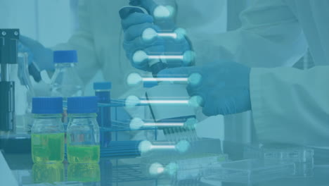 animation of dna strand over diverse female scientists working in lab