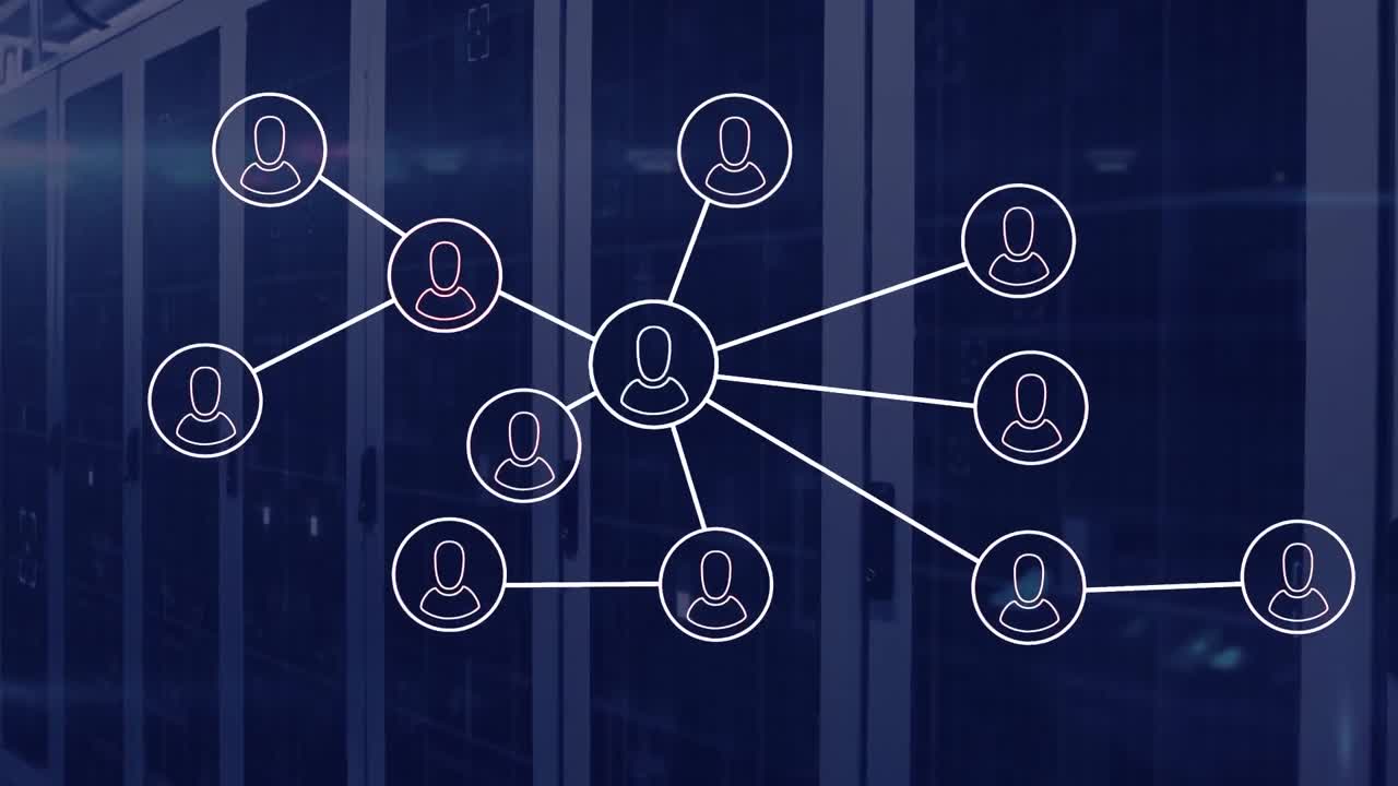 Animation of flowchart of icons over lens flares against data server racks in background