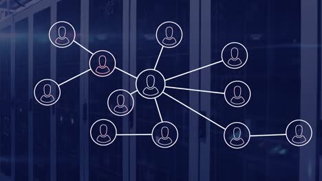 animation of flowchart of icons over lens flares against data server racks in background