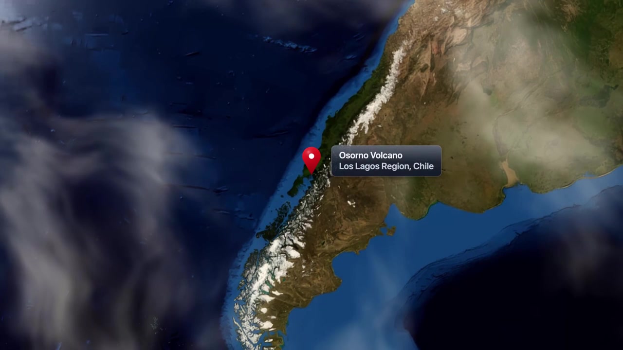 Earth rotates in space before zooming in to pinpoint Osorno Volcano in Chile. Includes NASA public domain imagery.