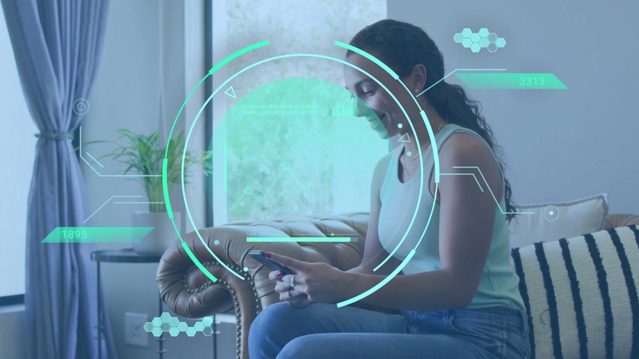 Woman tapping handheld device on sofa by window, HUD appearing and guiding technology app testing