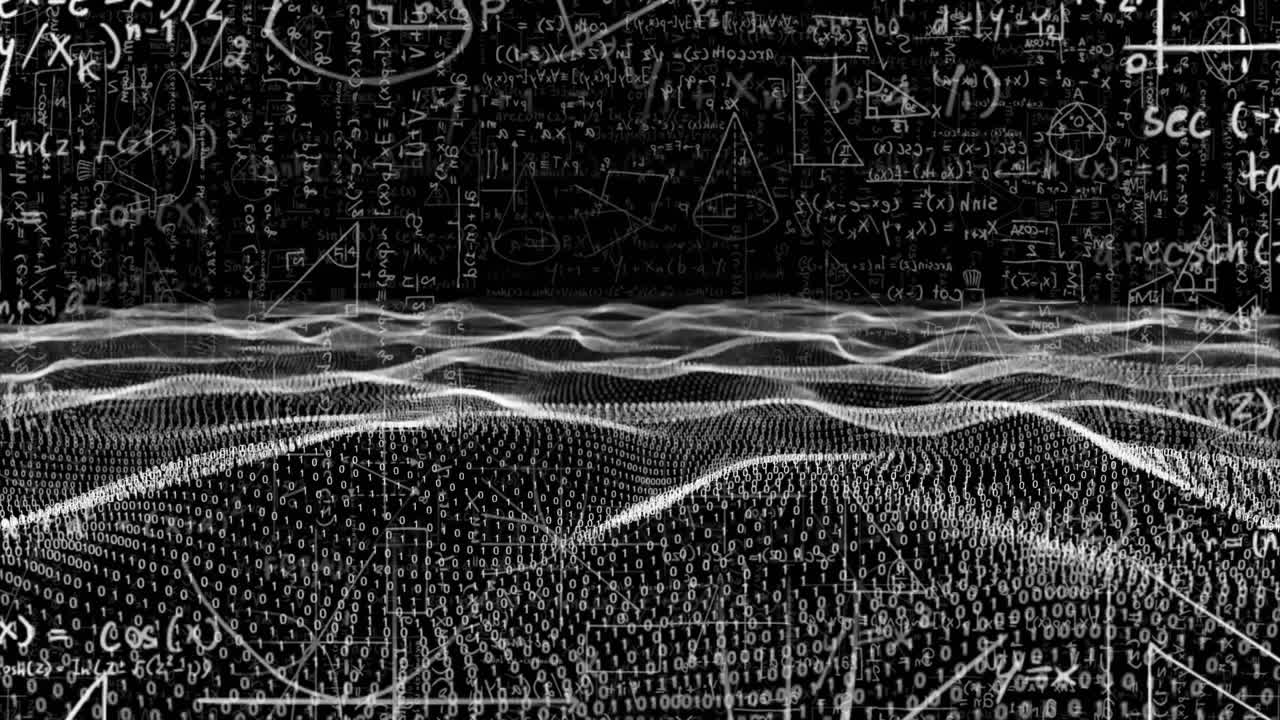 Animation of waves with data processing over mathematical equations on black background