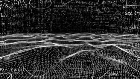 animación de ondas con procesamiento de datos sobre ecuaciones matemáticas en fondo negro