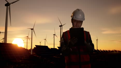 engineer working at a wind and solar farm at sunset