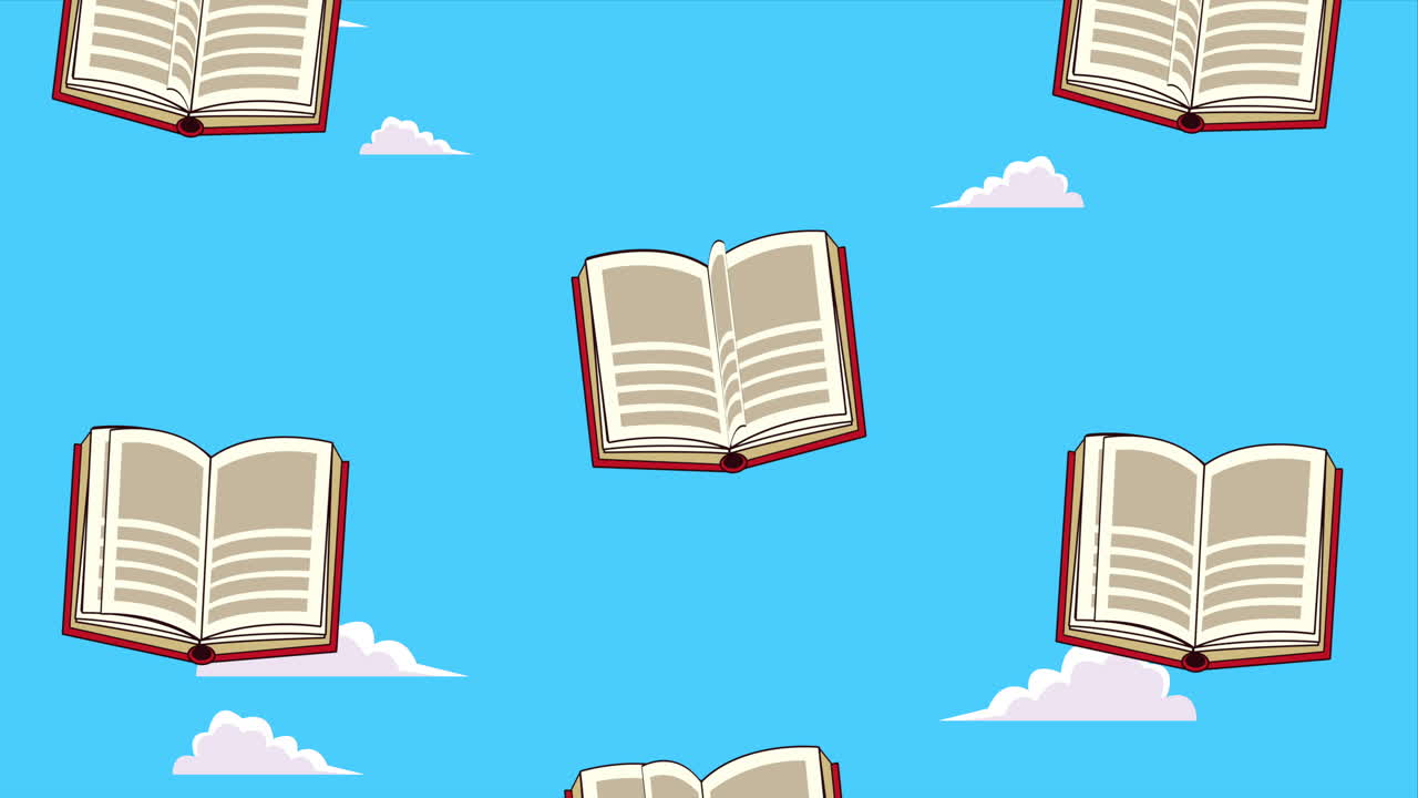 libros de texto abiertos patrón de literatura en el fondo del cielo animación