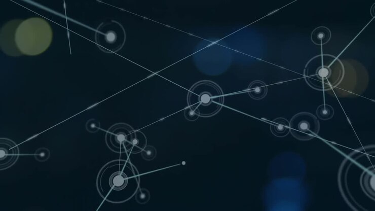 Animation of network of connections with blurry lights on black background