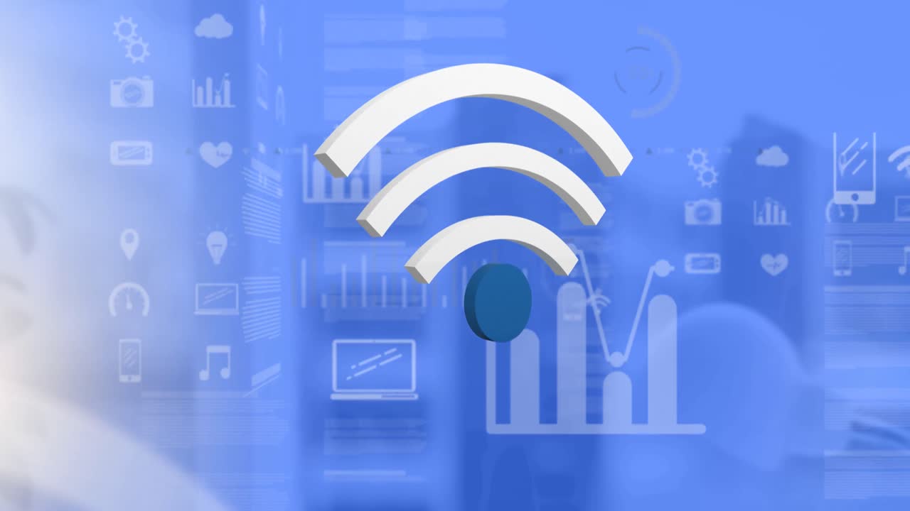 animación de wifi e iconos digitales sobre el paisaje urbano