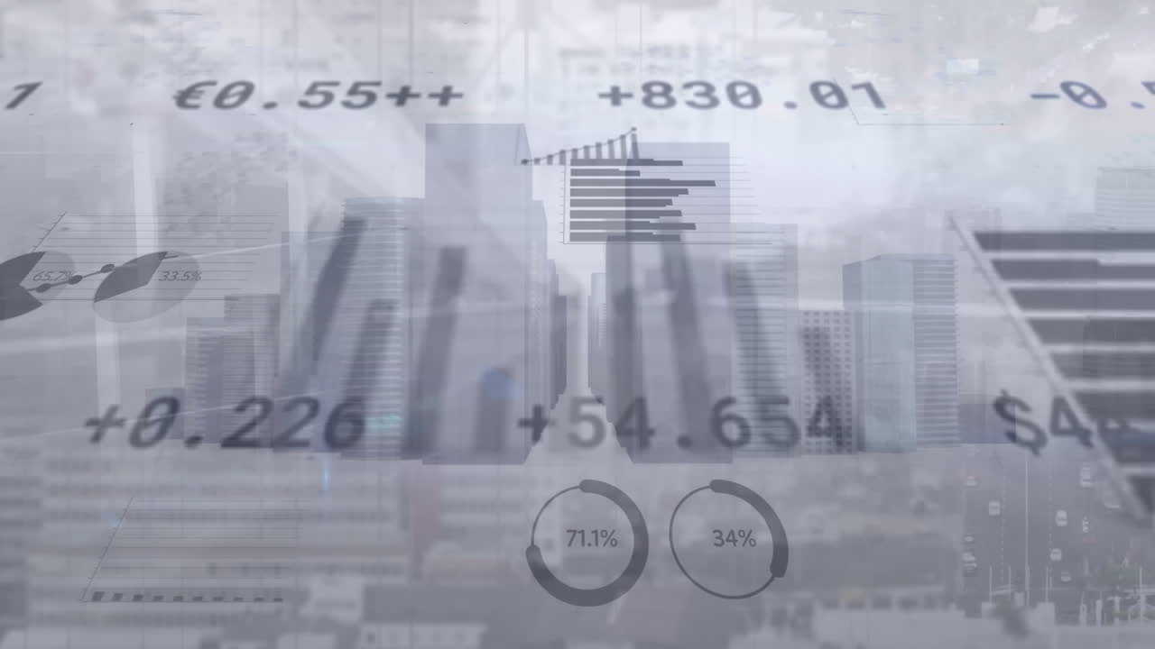 Animaatio taloustietojen käsittelystä kaupunkimaiseman yllä