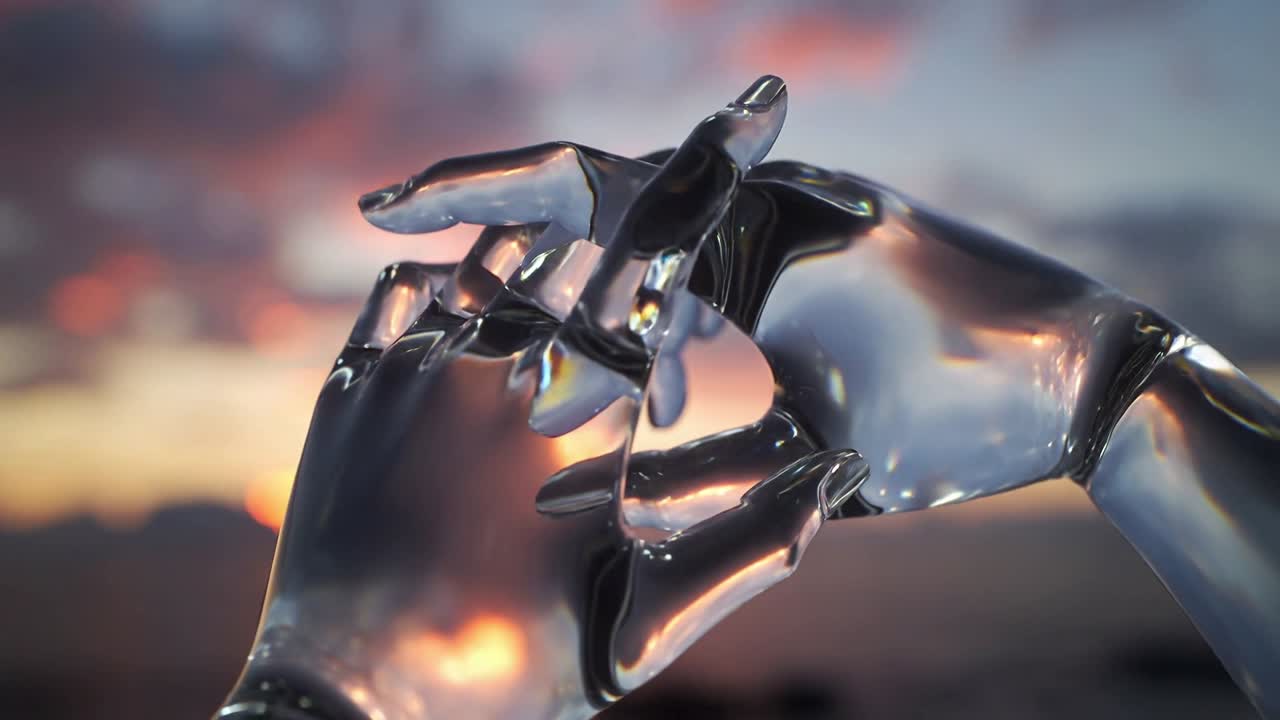 Aligning glasslike hands shifting, weaving fingers as sun lowering, forming triangle framing sun