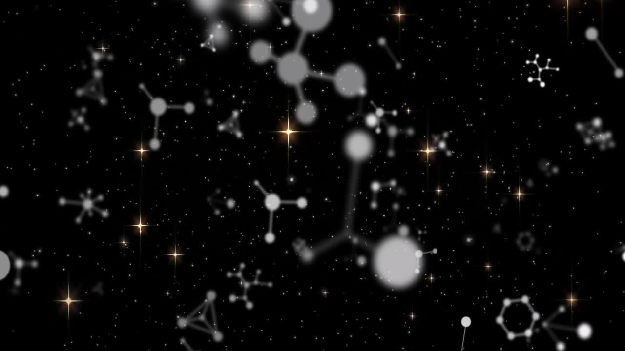 Molecular structures and particles animation over starry night sky background