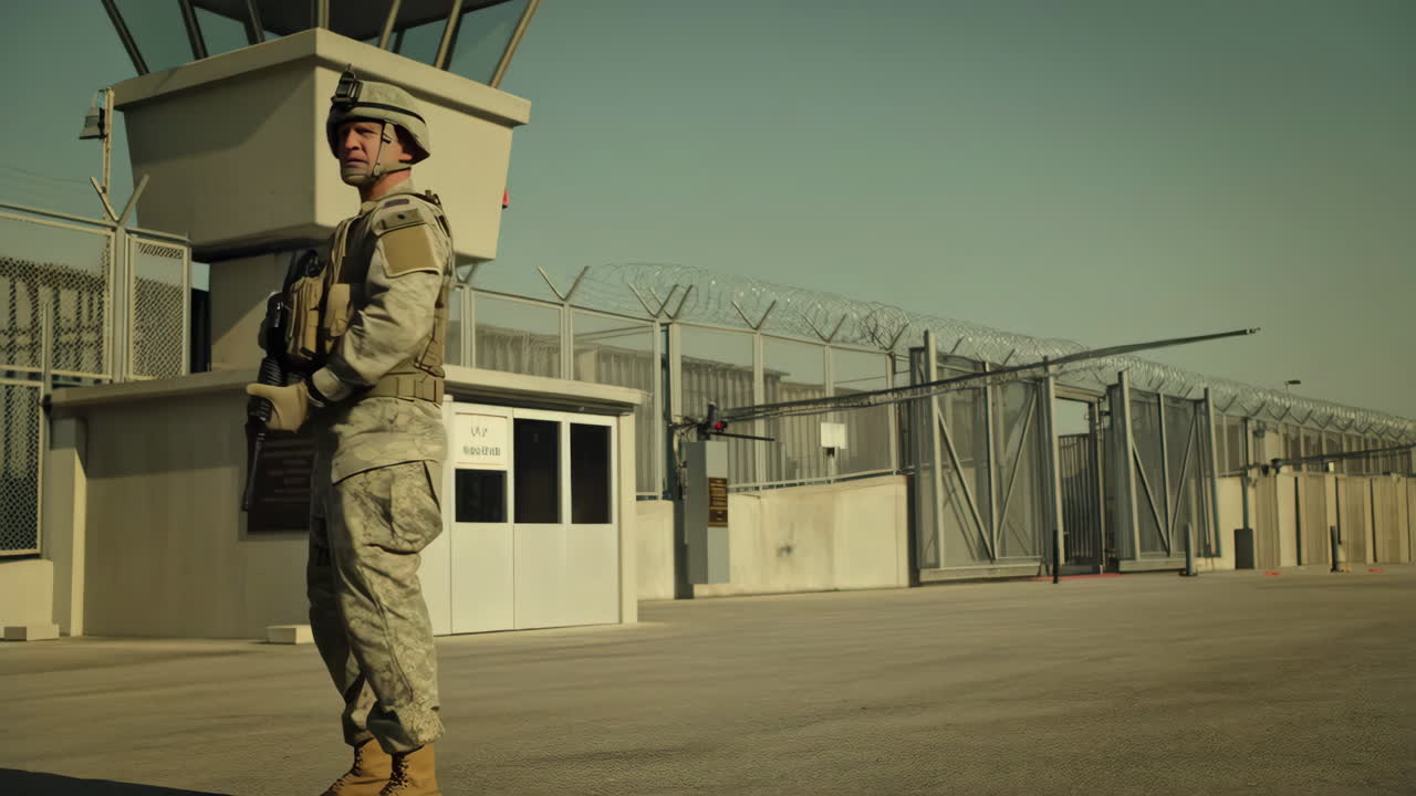 Soldier standing guard at a high-security military facility