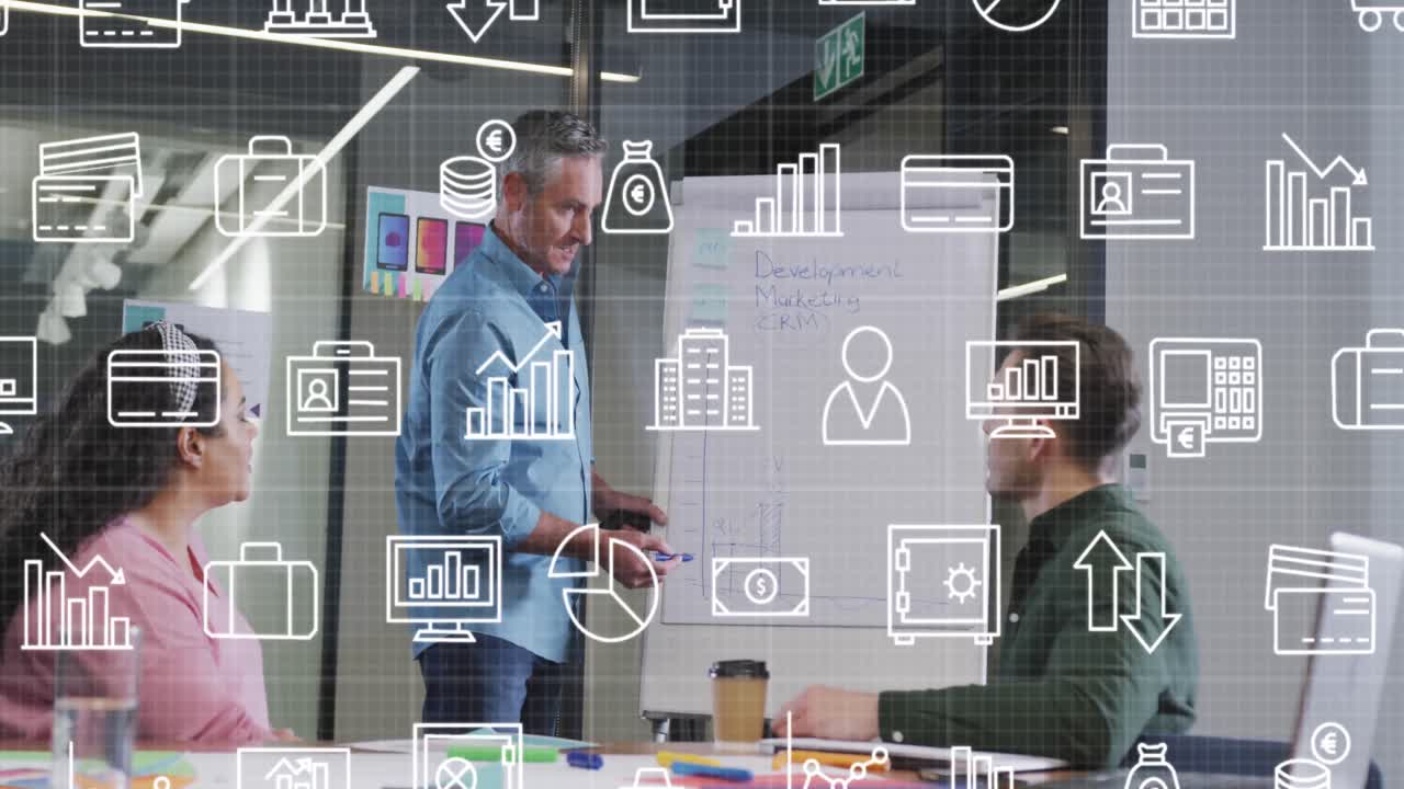 Animation of multiple icons over diverse manager explaining strategy on whiteboard to coworkers
