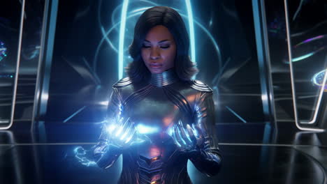 futuristic heroine with glowing energy hands in a sci-fi setting