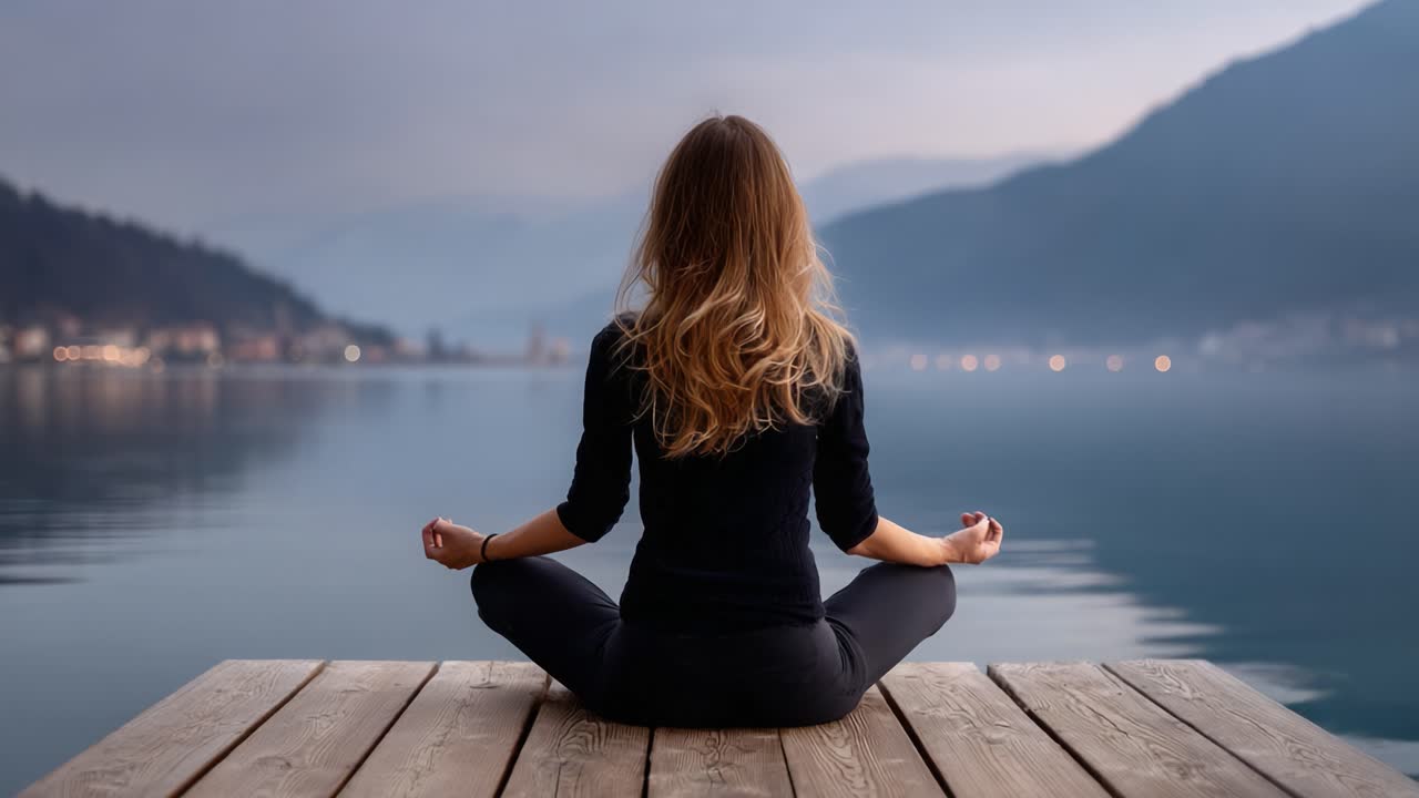 A Serene Mindfulness Moment: A Young Woman Meditates Peacefully by a Tranquil Lake at Dusk, Surrounded by Misty Mountains and Soft Reflections on Water